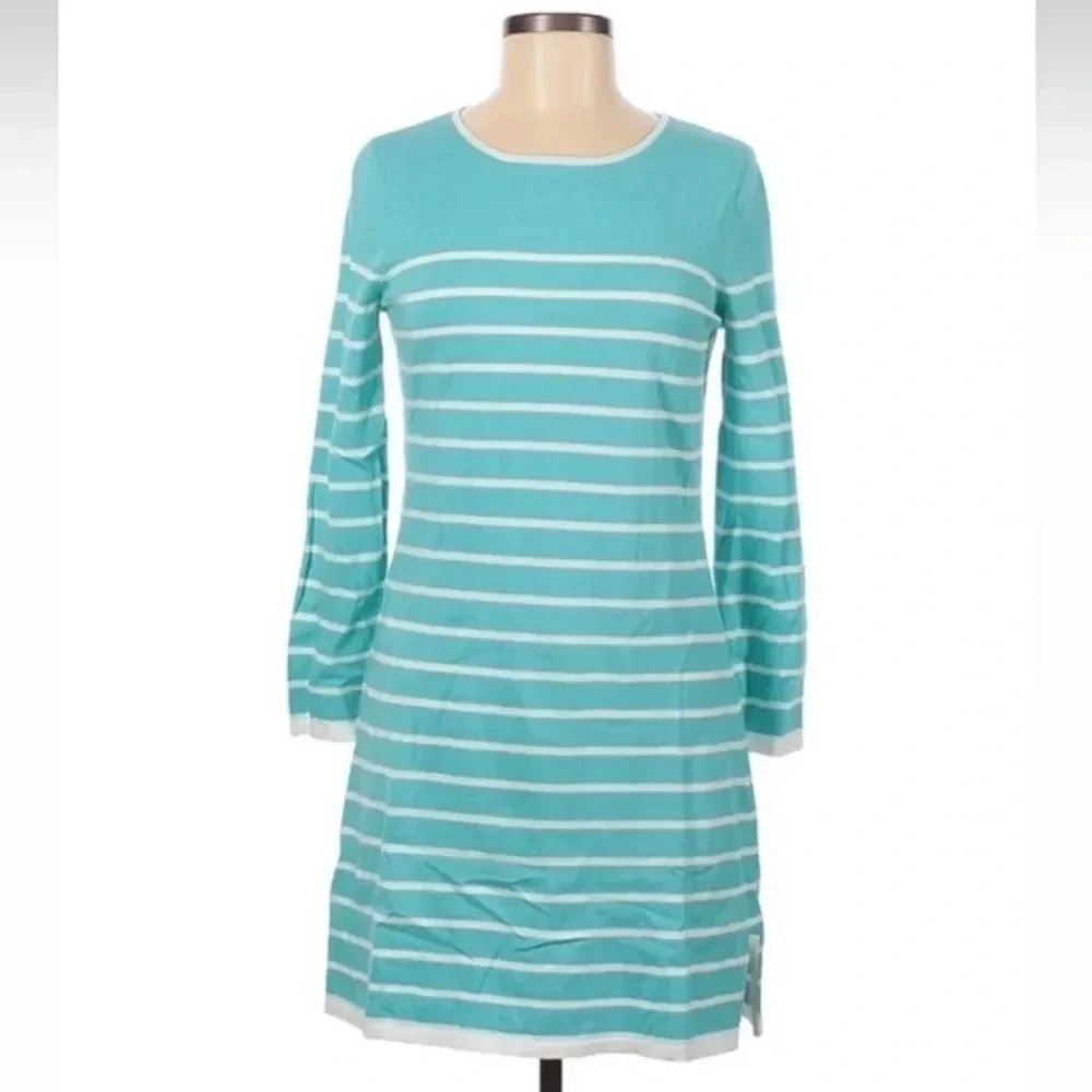 Sail To Sable Long Sleeve Aqua & White Stripe Knit Dress Size Medium M Nautical